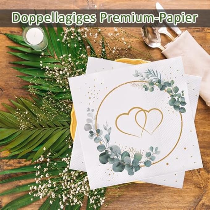 PACK OF 80 WEDDING NAPKINS HEARTS AROUND EUCALYPTUS WHITE, EUCALYPTUS GREEN TABLE DECORATION WEDDING, GOLDEN WEDDING, SAGE GREEN TABLE DECORATION (33 X 33 CM) - Image 5